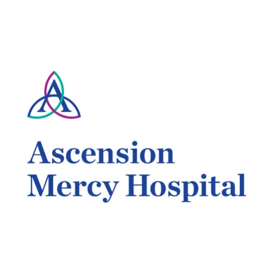 Logo of Ascension Mercy Hospital featuring a stylized tri-color emblem above the hospital name in blue text.