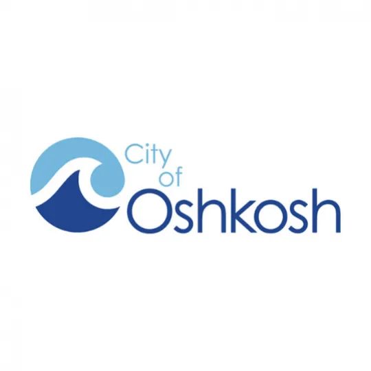 Logo of City of Oshkosh featuring a blue wave graphic and text in blue font on white background.