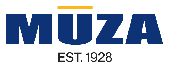 Logo with the word "MUZA" in bold blue letters and "HOTELS" in smaller black text below.