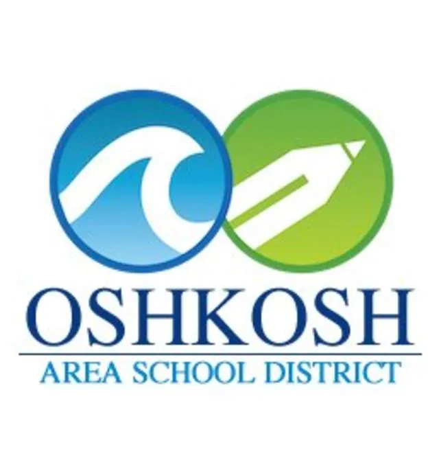 Logo of Oshkosh Area School District featuring a blue wave and a green pencil icon.
