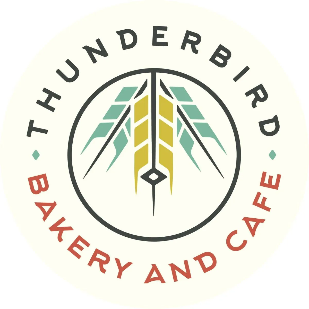 Logo of Thunderbird Bakery and Cafe featuring stylized wheat stalks in green and gold within a black circle.