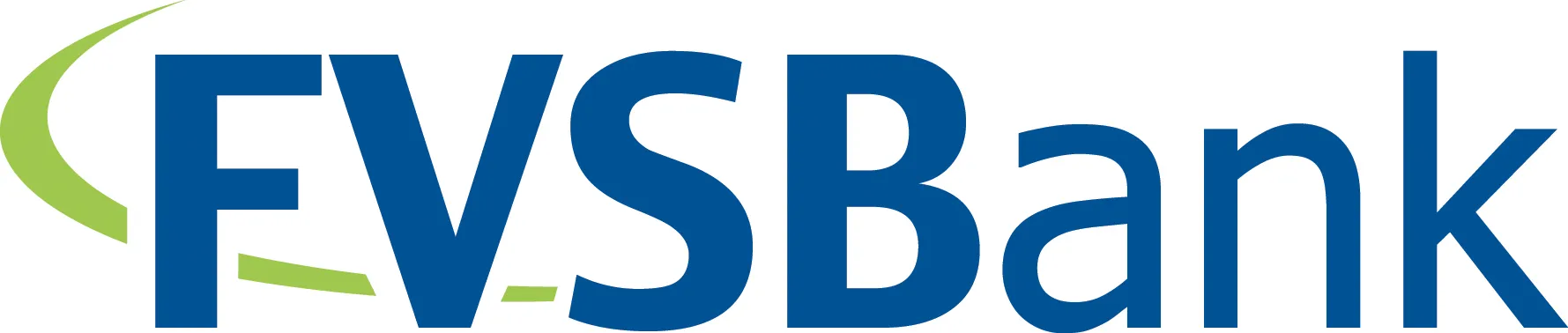 Logo of FVS Bank with blue text and a green curved swoosh design.