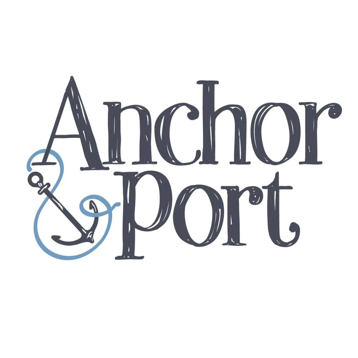 Logo with the words "Anchor & Port" in dark blue, featuring an anchor illustration integrated with the ampersand.
