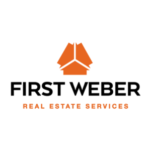 Logo with orange geometric house icon above black text "FIRST WEBER" and orange text "REAL ESTATE SERVICES" on black background.