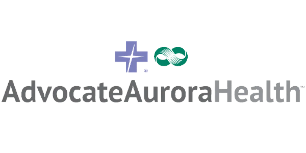 Logo of Advocate Aurora Health featuring a blue cross with a white starburst and a green infinity symbol above the organization’s name in gray text.