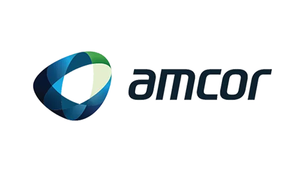 Amcor company logo with a blue and green abstract circular design and black text.