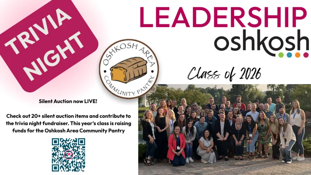 Group photo of Leadership Oshkosh Class of 2026 with text promoting Trivia Night silent auction fundraiser.