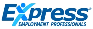 Logo of Express Employment Professionals in blue text with stylized figure and tagline.
