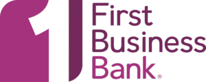 Logo of First Business Bank with a stylized purple and white design and accompanying text.