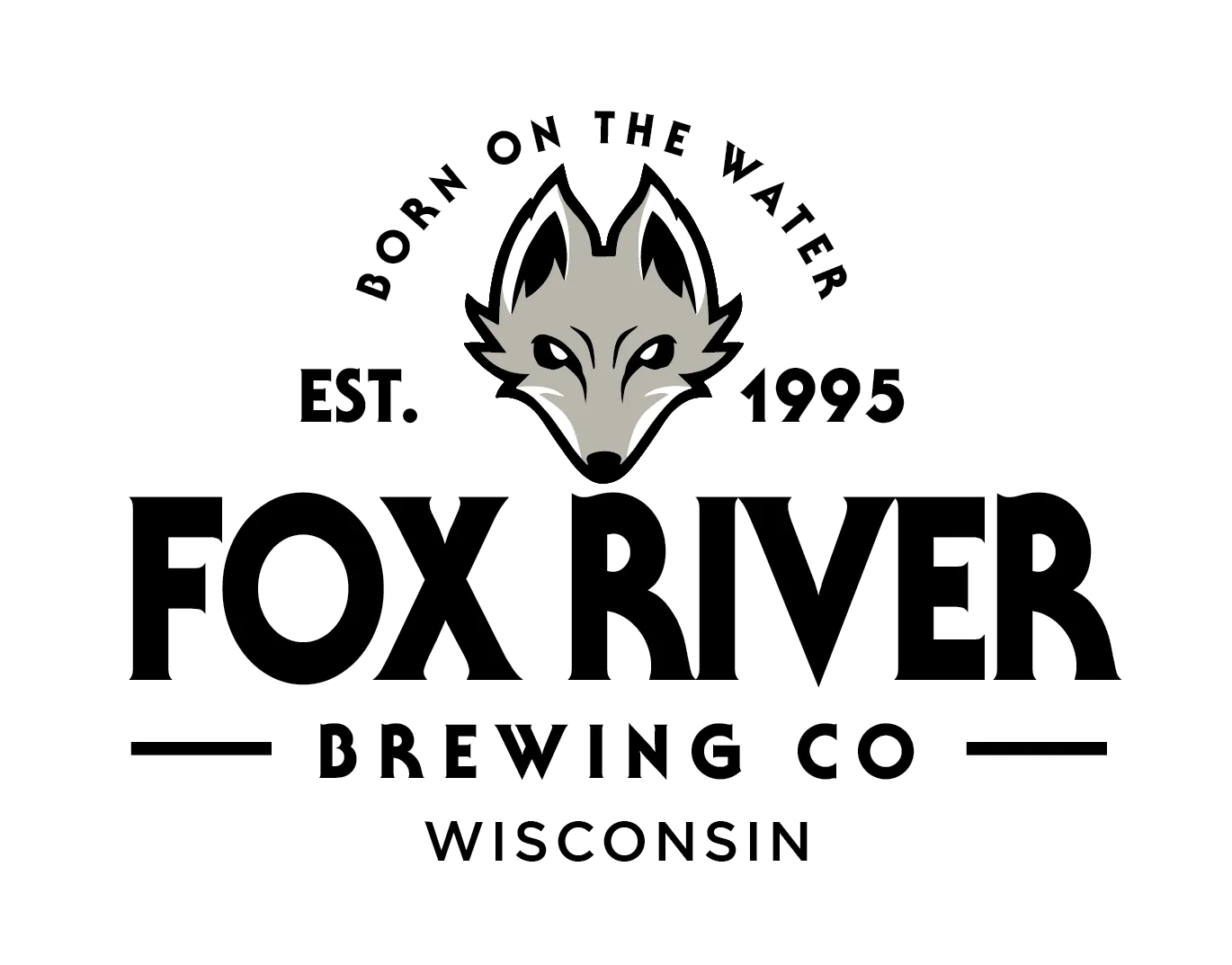 Logo featuring a stylized gray fox head with text "Born on the Water," "Est. 1995," "Fox River Brewing Co," and "Wisconsin.