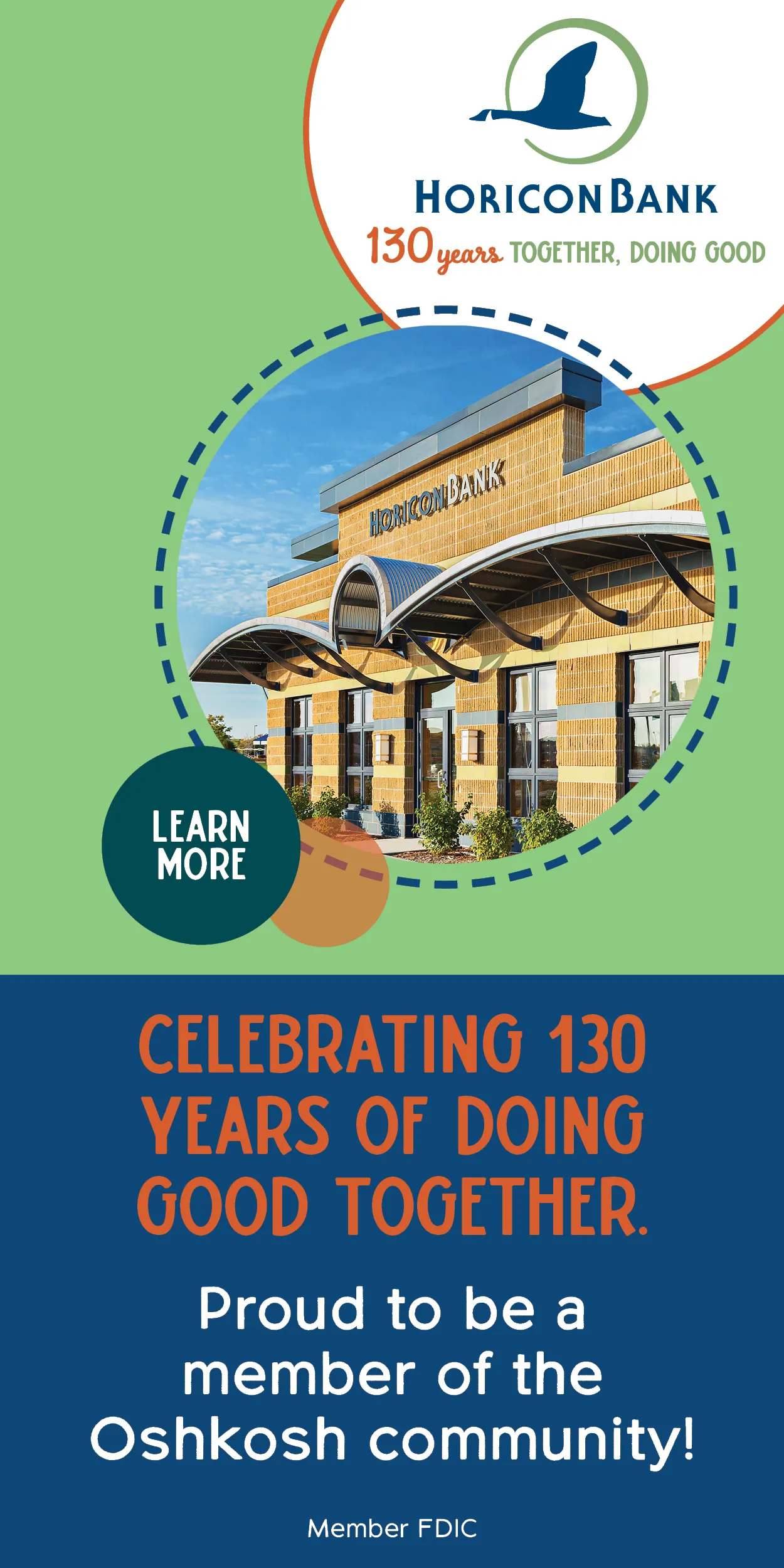 Horicon Bank logo and building with text celebrating 130 years in Oshkosh community.