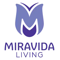 Logo featuring a stylized purple "M" above the text "MIRAVIDA LIVING" in purple.