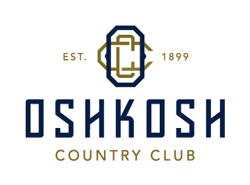 Logo of Oshkosh Country Club with navy blue and gold text and emblem on black background.