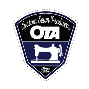 Emblem-shaped logo with white sewing machine illustration, text "Custom Sewn Products OTA" and "Since 1876" on dark blue background.