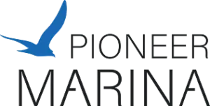 Logo featuring a blue stylized bird above the black text "Pioneer Marina.
