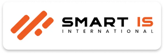 Logo with orange abstract design and black text "SMART IS INTERNATIONAL" on white background.