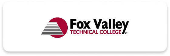 Logo of Fox Valley Technical College featuring a maroon and gray triangular graphic with black and maroon text.