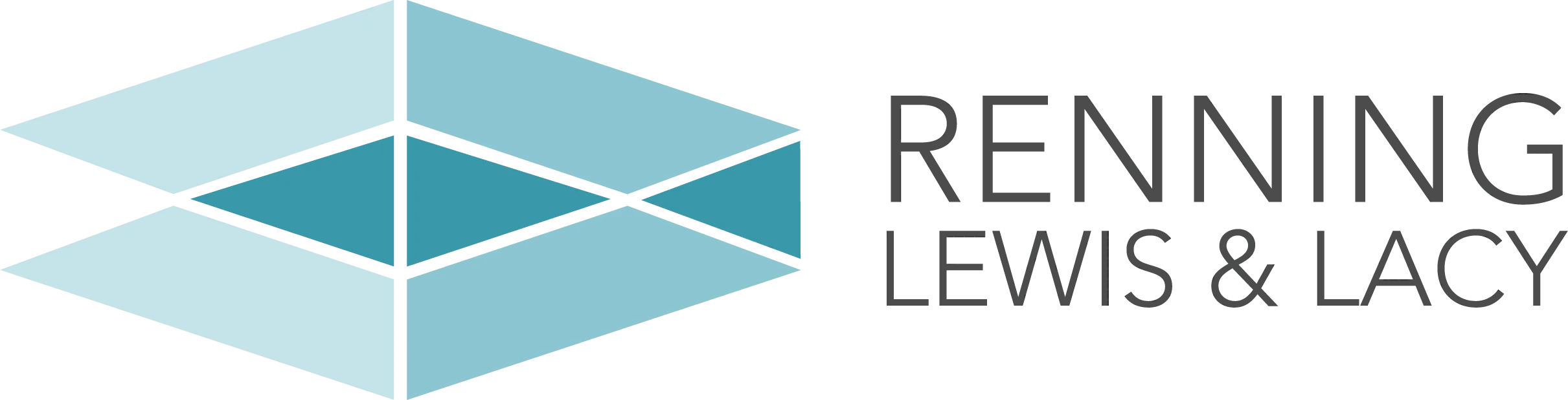 Abstract geometric blue cube design with the text "Renninger Lewis & Lacy" on black background.