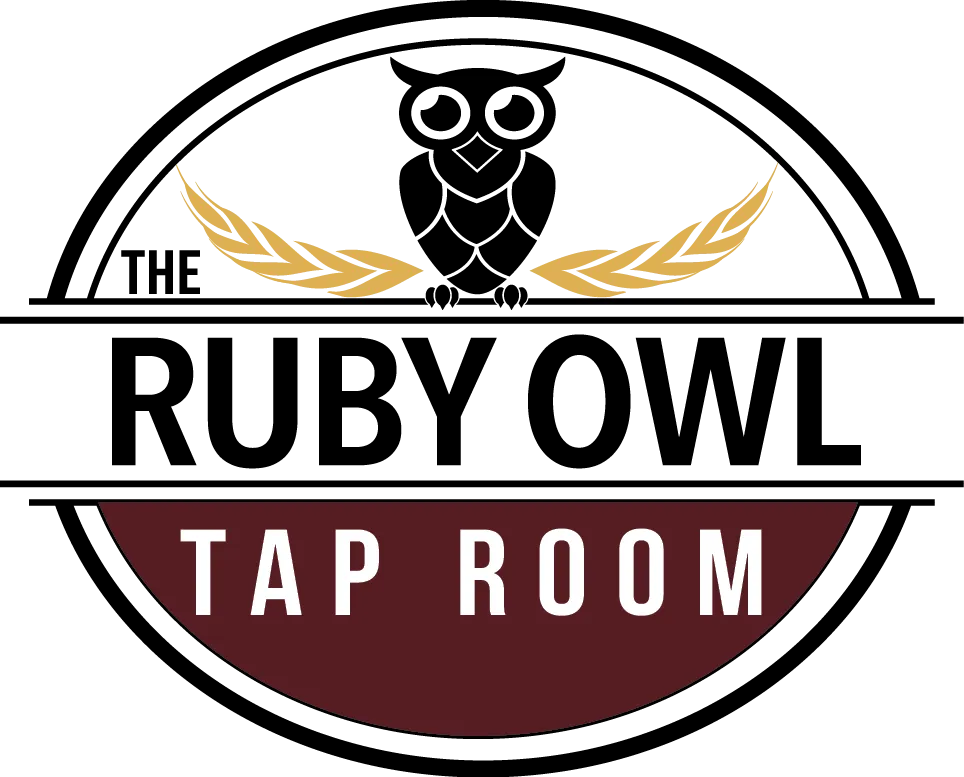 Logo featuring a black beer tap with golden barley, text "Ruby Owl Tap Room" in black and maroon.