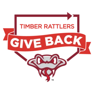 Logo featuring a stylized snake head with red eyes and fangs, red ribbon with "Give Back," and text "Timber Rattlers.