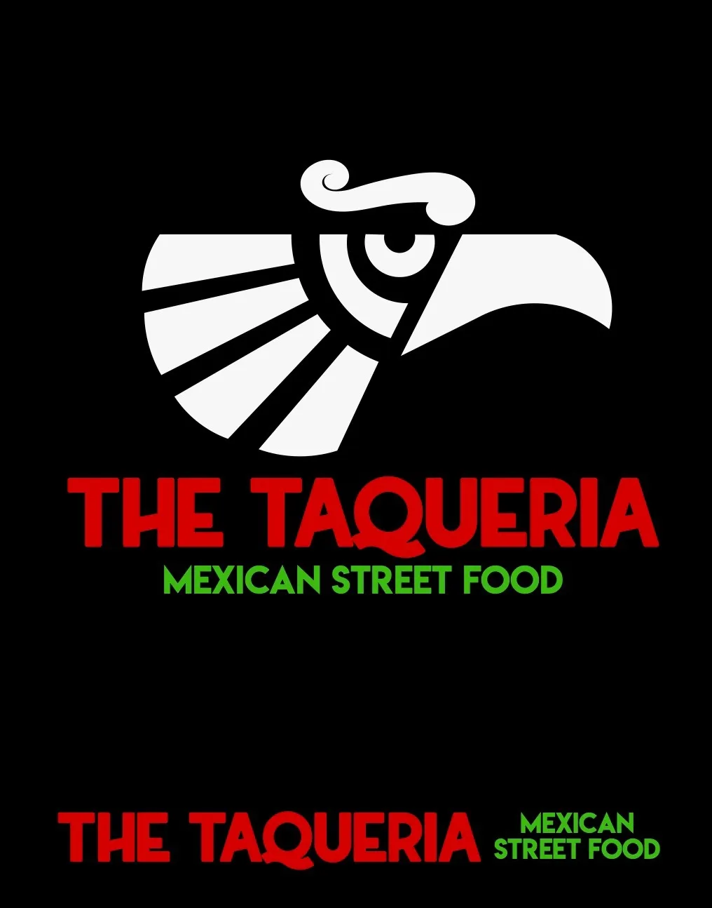 Logo featuring a stylized white eagle head above red text "THE TAQUERIA" and green text "MEXICAN STREET FOOD" on a black background.