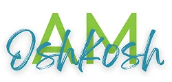 Colorful logo featuring the words "OSH KOSH" in blue script with "AM" in bold green, conveying a playful and modern design.