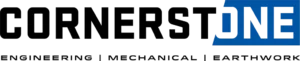 Logo with the text "CORNERSTONE" in black and blue, and "ENGINEERING | MECHANICAL | EARTHWORK" below in black.