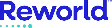 Logo displaying the word "Reworld" in bold blue letters with teal dots below.