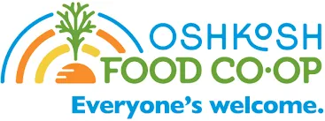 Logo of Oshkosh Food Co-op featuring a stylized carrot and rainbow arcs, with the tagline "Everyone's welcome.