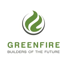 Logo with green flame icon above the text "GREENFIRE BUILDERS OF THE FUTURE" on white background.
