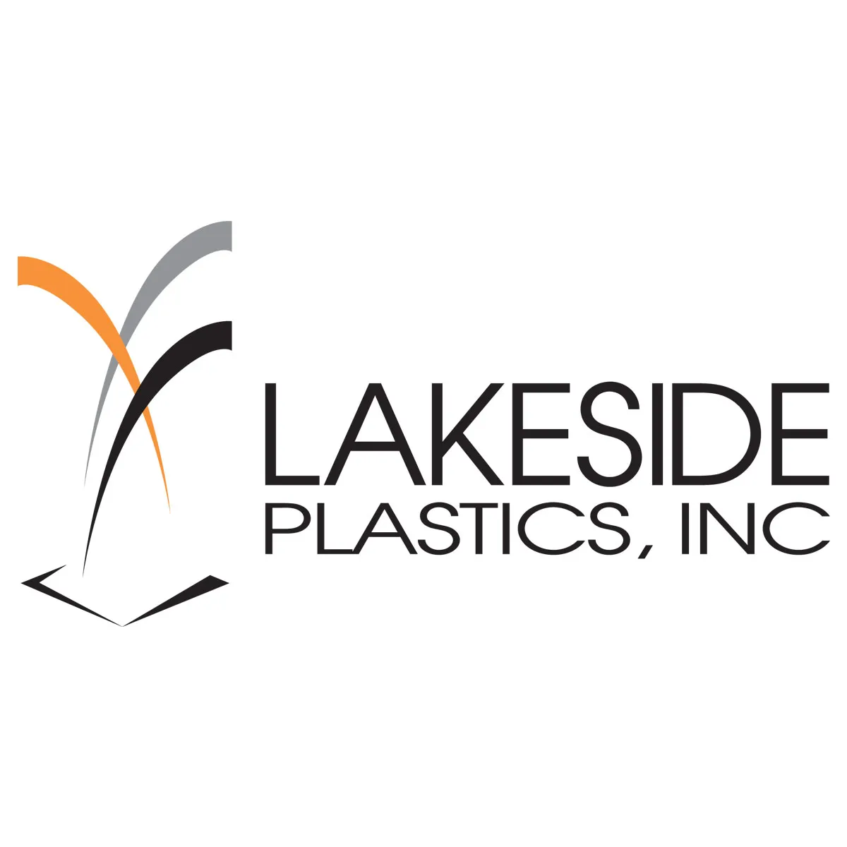 Logo of Lakeside Plastics, Inc. featuring abstract orange, gray, and black arcs above the company name in black text.