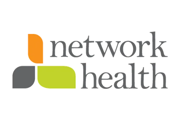 Logo with orange, gray, and green abstract shapes alongside the text "network health" in gray font.
