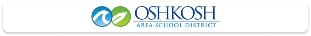 Logo of Oshkosh Area School District with blue wave and green pencil icons.