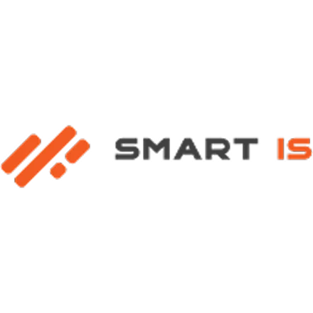 Logo with three diagonal orange bars and the text "SMART IS" in black and orange.