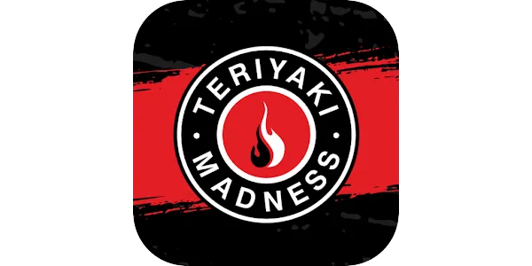 Logo with black and red background, white text "Teriyaki Madness," and flame icon in center.