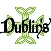 Stylized black text "Dublin" overlaid on a green Celtic knot with leaves.
