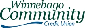 Logo of Winnebago Community Credit Union with green and blue text.