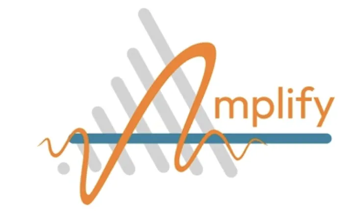 Logo featuring stylized orange waveform crossing blue horizontal line with gray vertical bars and text "mplify".