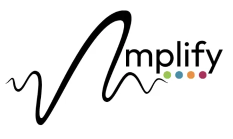 Logo with the word "Amplify" in black, featuring a stylized black waveform and four colored dots.