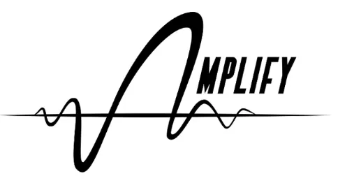 Black and white logo featuring a stylized waveform integrated with the word "AMPLIFY.