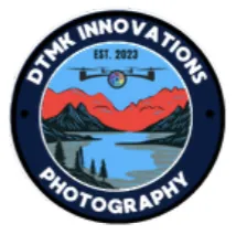 Logo featuring a drone flying over a blue lake with red mountains, text "DTMK Innovations Photography" and "Est. 2023".