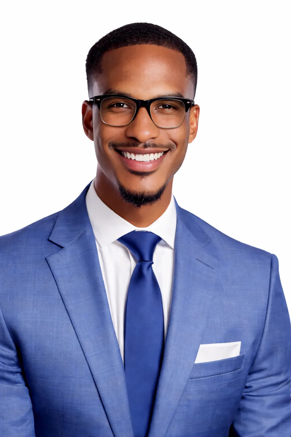 Professional African American man wearing glasses, blue suit, white shirt, and blue tie, smiling.