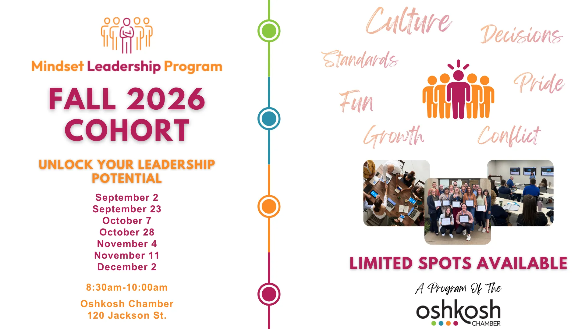 Promotional flyer for Fall 2026 Mindset Leadership Program cohort with dates, location, and group photos.