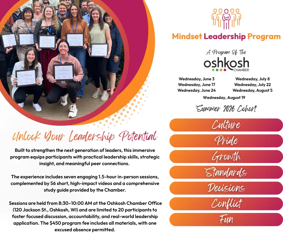 Group of diverse adults holding certificates, Mindset Leadership Program details with dates and key values in orange and magenta tones.