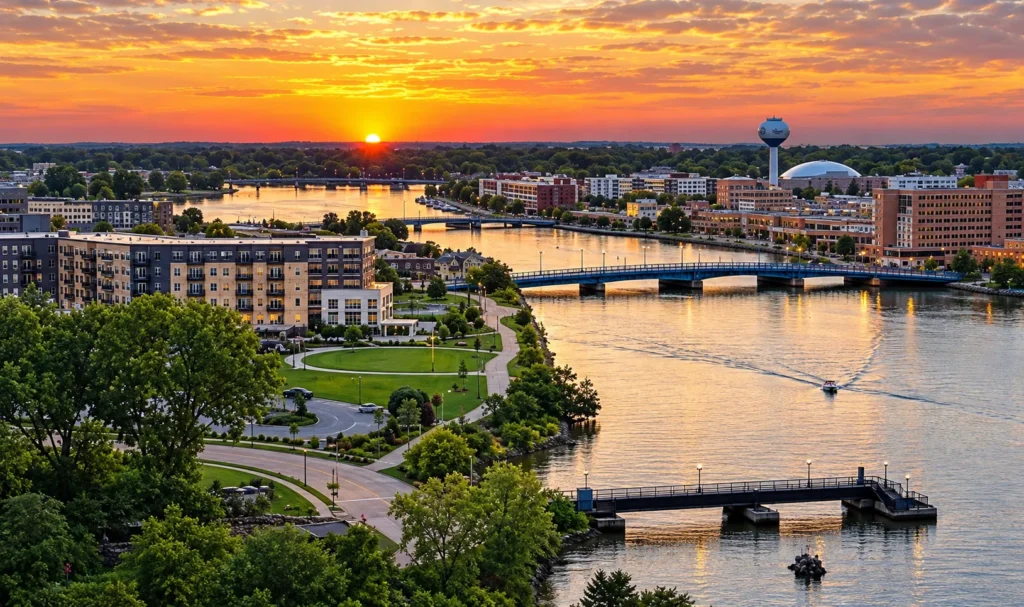 Aerial view of a riverside city at sunset with bridges, residential buildings, green parks, and a boat on the water.
